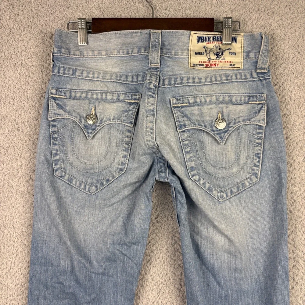 True Religion Skinny Jeans Mens 29x33 Blue Light Wash Faded Whiskered Y2K Cotton